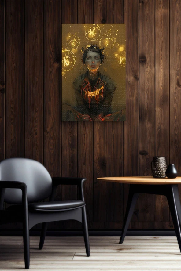 Parlak Semboller ve Oturan Kadın Yağlı Kanvas Tablo - Resim 4