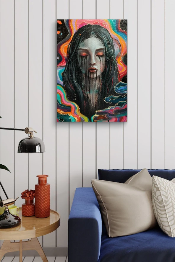 Yüzünden Mürekkep Akan Kadın Yağlı Kanvas Tablo - Resim 4