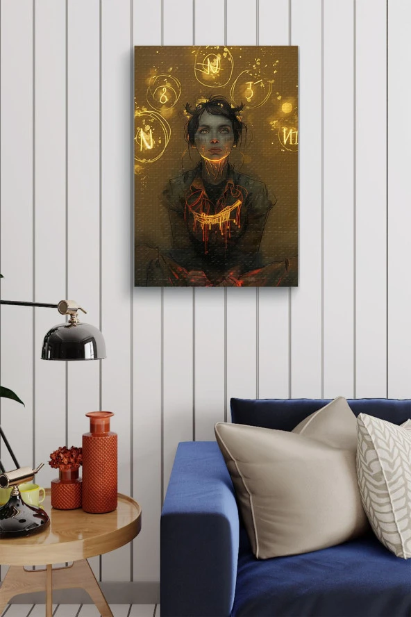 Parlak Semboller ve Oturan Kadın Yağlı Kanvas Tablo - Resim 5