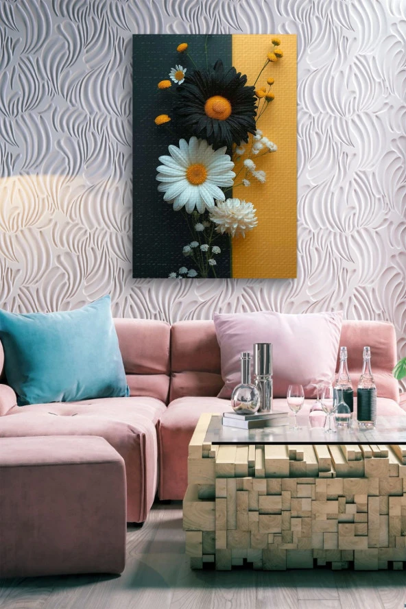 Siyah Beyaz Papatyalar Yağlı Kanvas Tablo - Resim 6