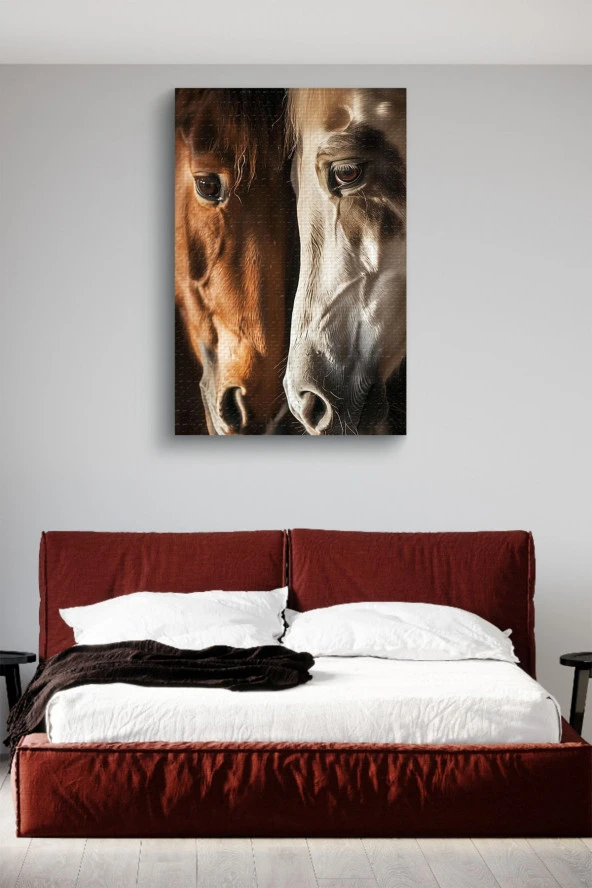 Kahverengi ve Beyaz At Kafa Kafaya Yağlı Kanvas Tablo - Resim 6