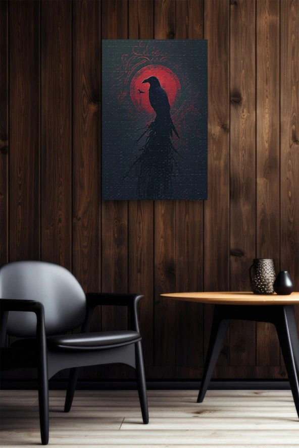 Kırmızı Halka Önünde Karga Yağlı Kanvas Tablo - Resim 5