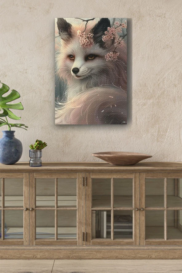 Çiçek Detaylı Kadın Tilki Yağlı Kanvas Tablo ürün görseli