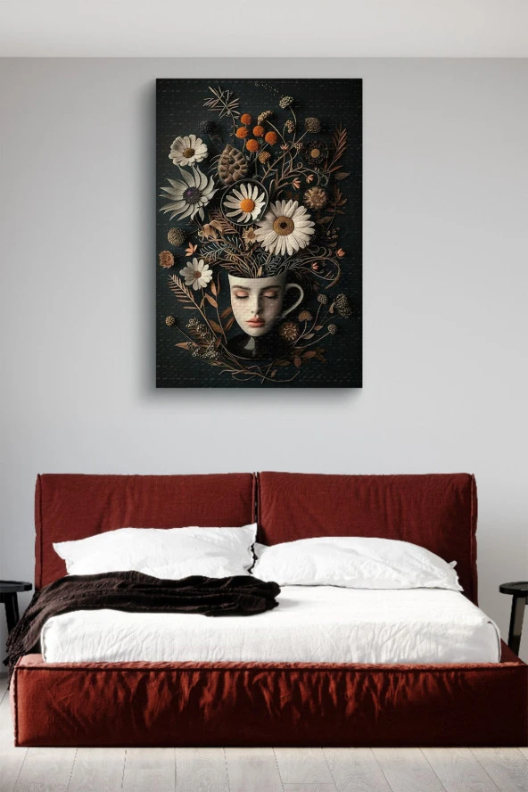 Yüz Görünümlü Kupa ve Çiçekler Yağlı Kanvas Tablo - Resim 3