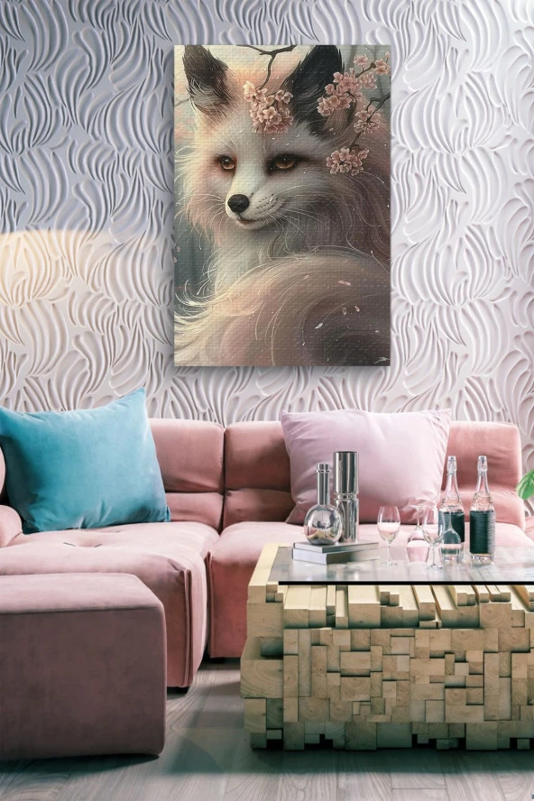 Çiçek Detaylı Kadın Tilki Yağlı Kanvas Tablo - Resim 3