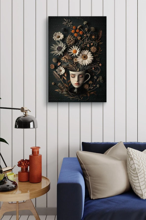 Yüz Görünümlü Kupa ve Çiçekler Yağlı Kanvas Tablo - Resim 4