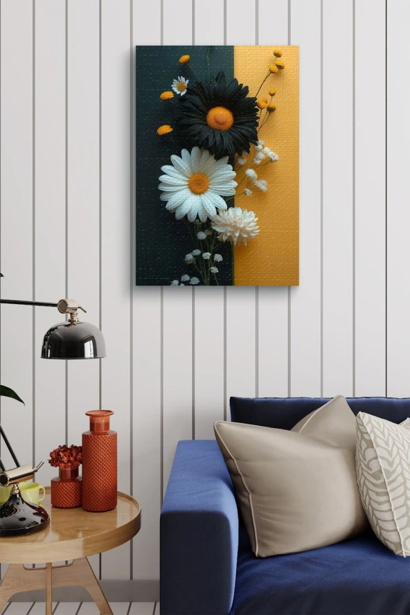 Siyah Beyaz Papatyalar Yağlı Kanvas Tablo - Resim 4