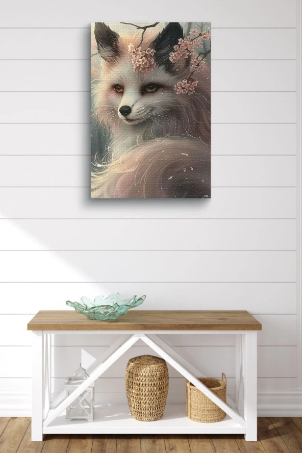 Çiçek Detaylı Kadın Tilki Yağlı Kanvas Tablo - Resim 5