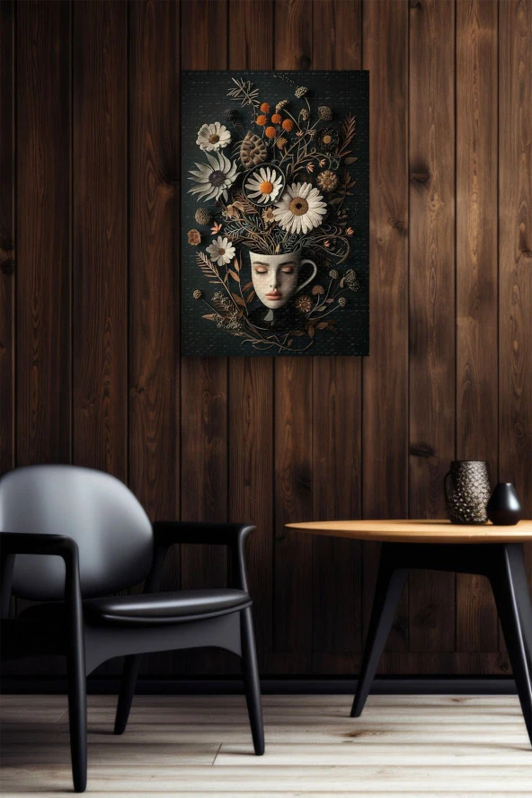 Yüz Görünümlü Kupa ve Çiçekler Yağlı Kanvas Tablo - Resim 6