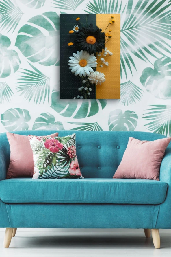 Siyah Beyaz Papatyalar Yağlı Kanvas Tablo - Resim 5