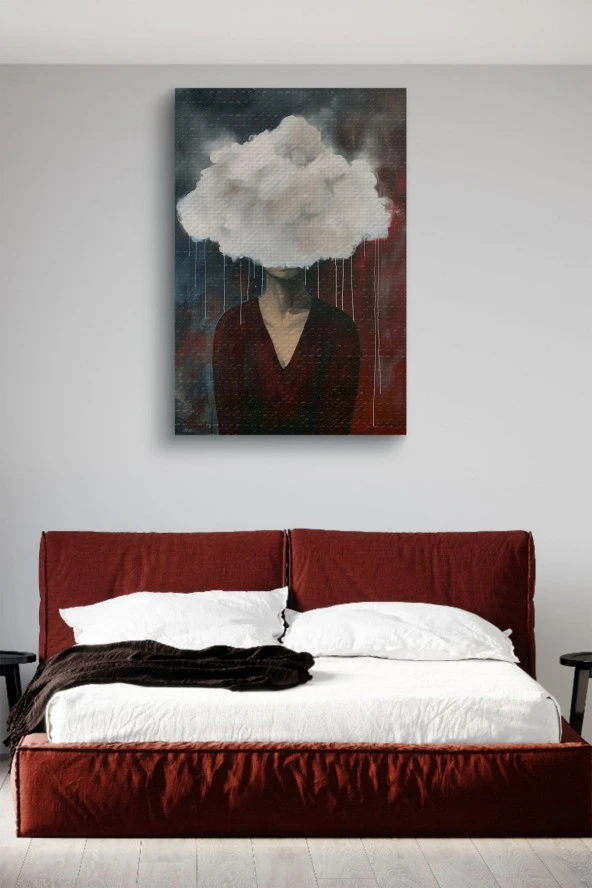 Kafasında Bulutlar Olan Kadın Yağlı Kanvas Tablo - Resim 3