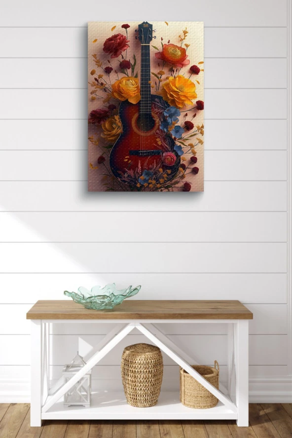 Etrafı Çiçek Kaplı Gitar Yağlı Kanvas Tablo - Resim 2