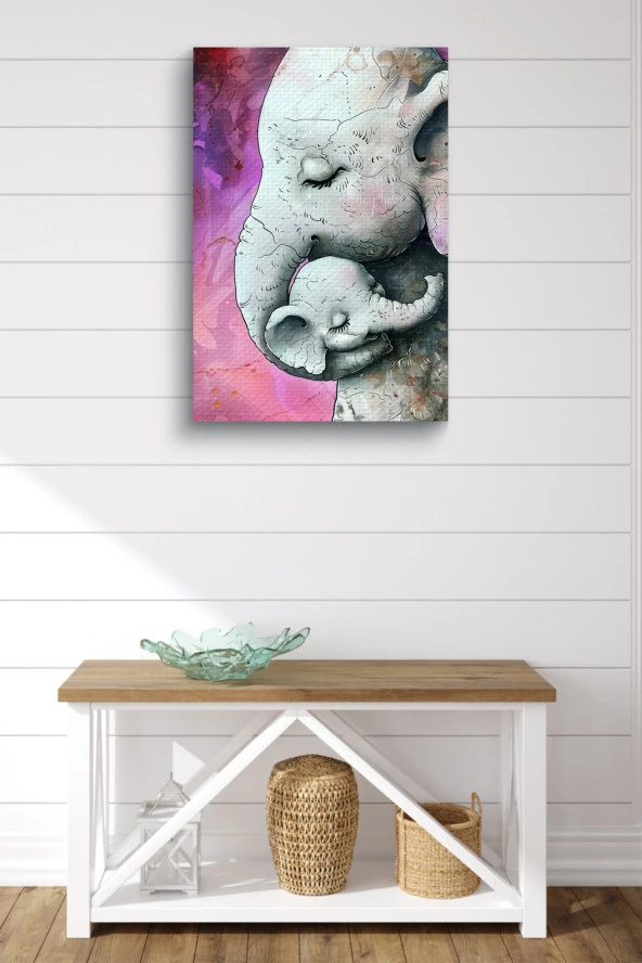 Fil Yavrusu ve Annesi Yağlı Kanvas Tablo - Resim 2