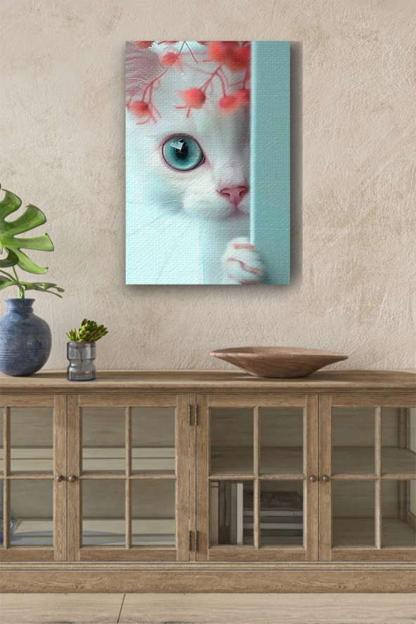 Duvar Arkasında Beyaz Kedi Yağlı Kanvas Tablo ürün görseli
