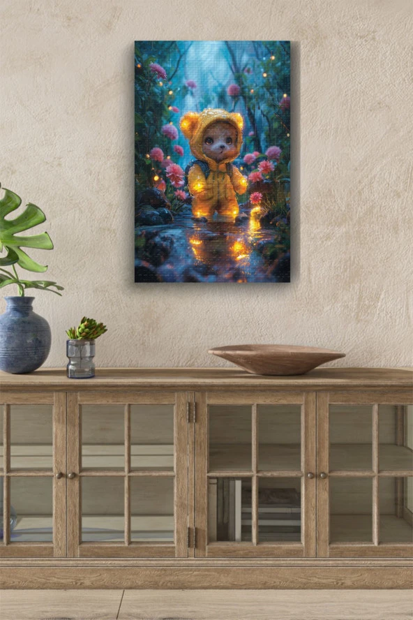 Yağmurluklu Pofuduk Ayıcık Yağlı Kanvas Tablo ürün görseli