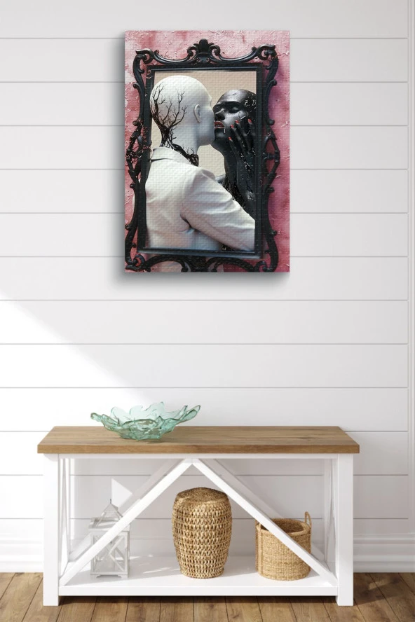 Ayna İçerisinde siyah beyaz İki İnsan Yağlı Kanvas Tablo - Resim 2