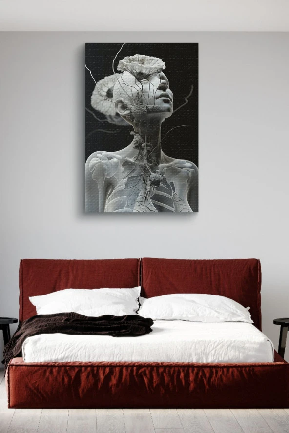 Çiçekler İle Sarılı Sanatsal İskelet Beden Yağlı Kanvas Tablo - Resim 3