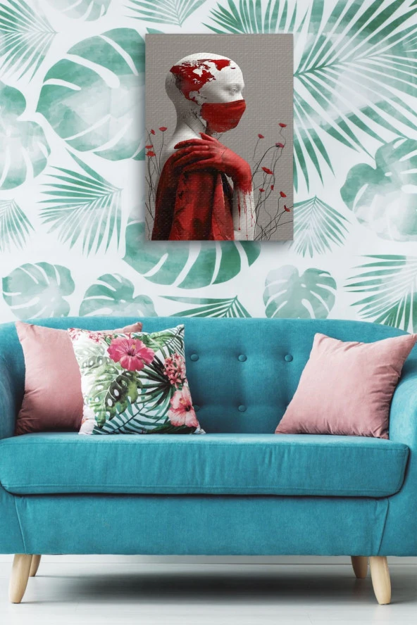 Kırmızı Maskeli Beyaz İnsan Bedeni Yağlı Kanvas Tablo - Resim 4