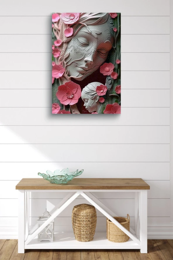 Çiçekli Mermerden Anne ve Çocuk Yağlı Kanvas Tablo - Resim 2