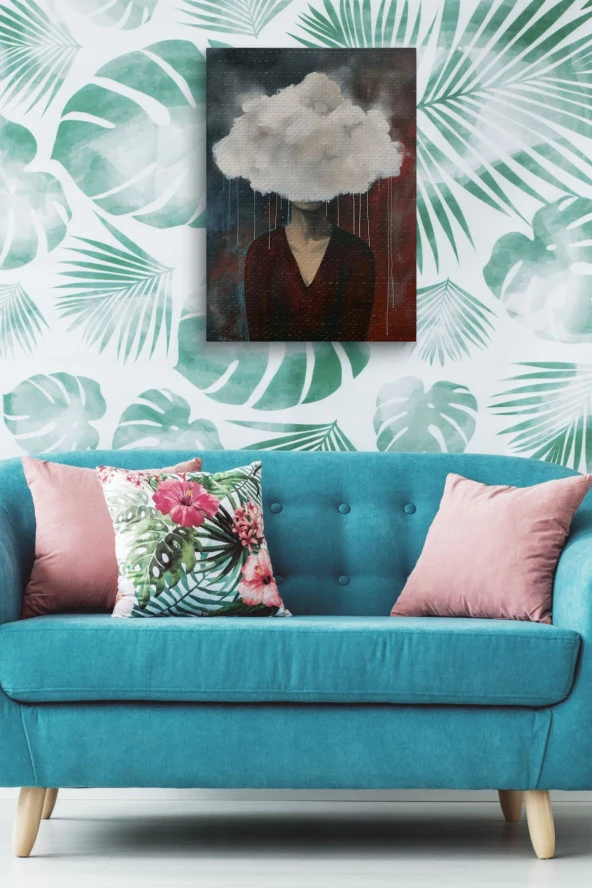 Kafasında Bulutlar Olan Kadın Yağlı Kanvas Tablo - Resim 5