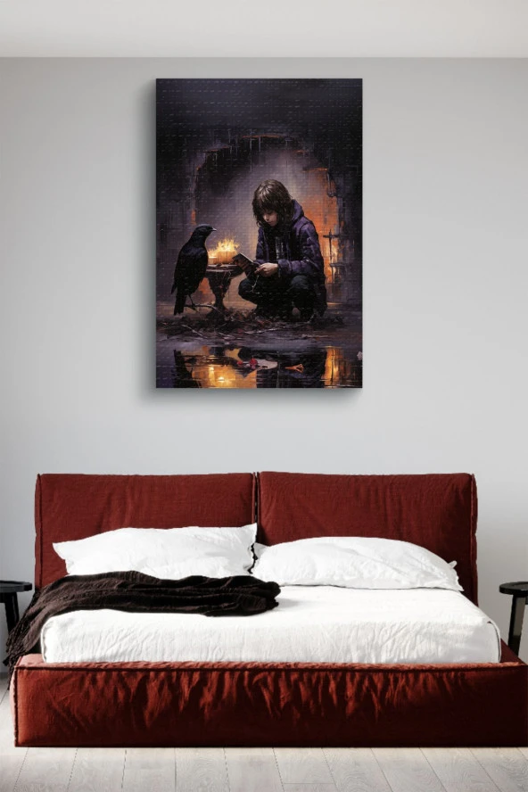 Kuzgun İle Çocuk Yağlı Kanvas Tablo - Resim 2