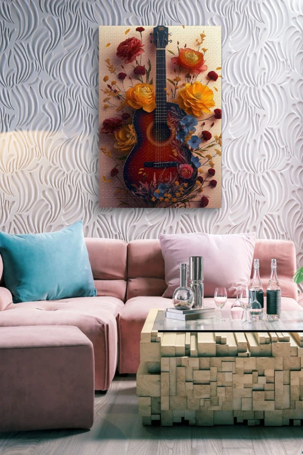 Etrafı Çiçek Kaplı Gitar Yağlı Kanvas Tablo - Resim 7