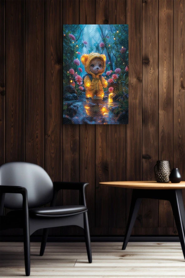 Yağmurluklu Pofuduk Ayıcık Yağlı Kanvas Tablo - Resim 5