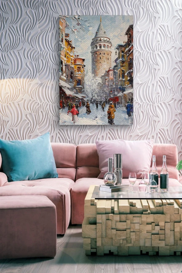 Kış Mevsiminde Galata Kulesi Yağlı Kanvas Tablo - Resim 7