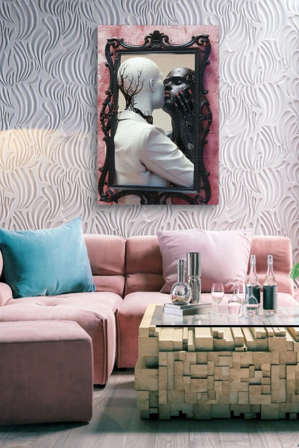 Ayna İçerisinde siyah beyaz İki İnsan Yağlı Kanvas Tablo - Resim 7