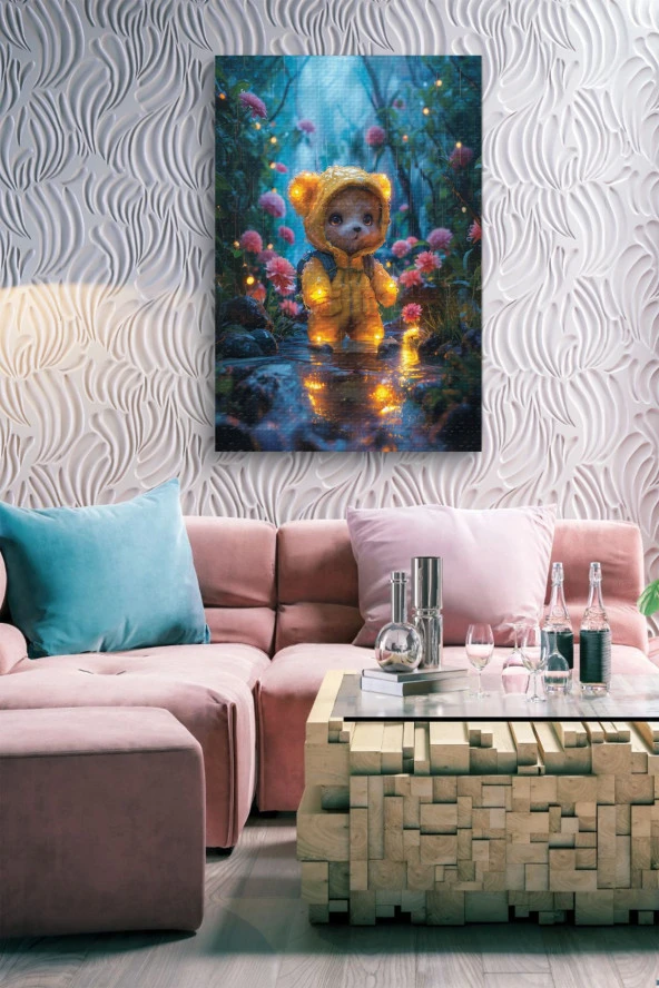 Yağmurluklu Pofuduk Ayıcık Yağlı Kanvas Tablo - Resim 6