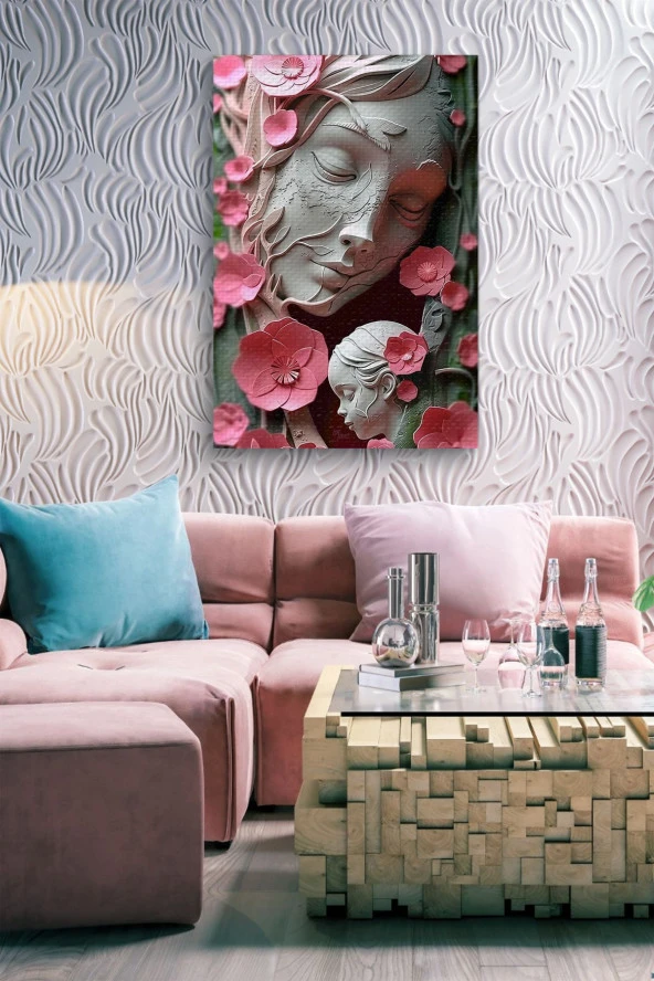 Çiçekli Mermerden Anne ve Çocuk Yağlı Kanvas Tablo - Resim 3