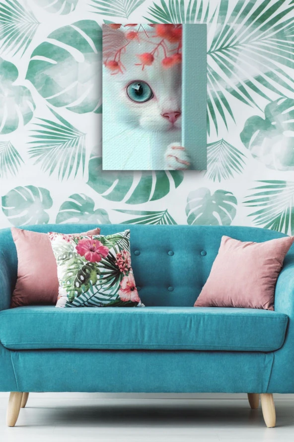 Duvar Arkasında Beyaz Kedi Yağlı Kanvas Tablo - Resim 5