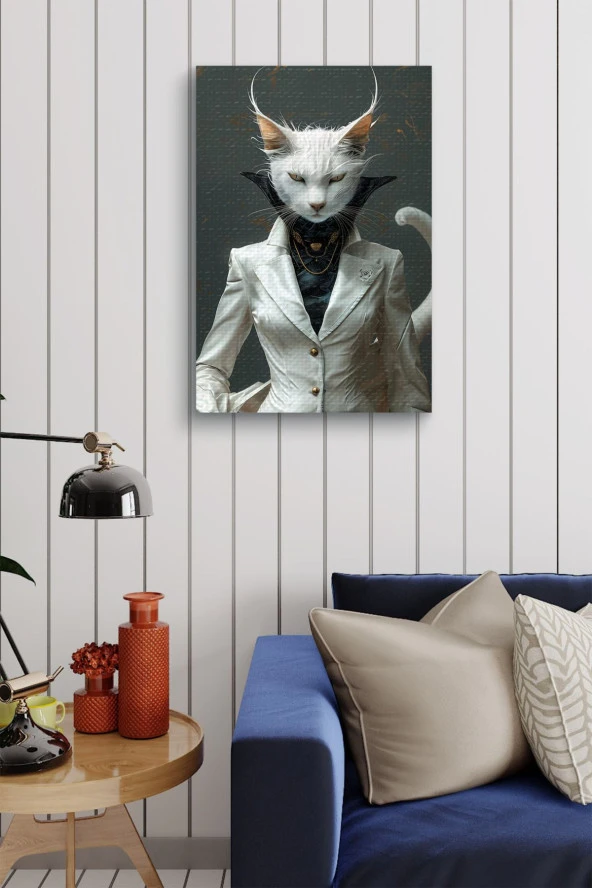 Modern Takım Elbiseli Kedi Portesi Yağlı Kanvas Tablo - Resim 4