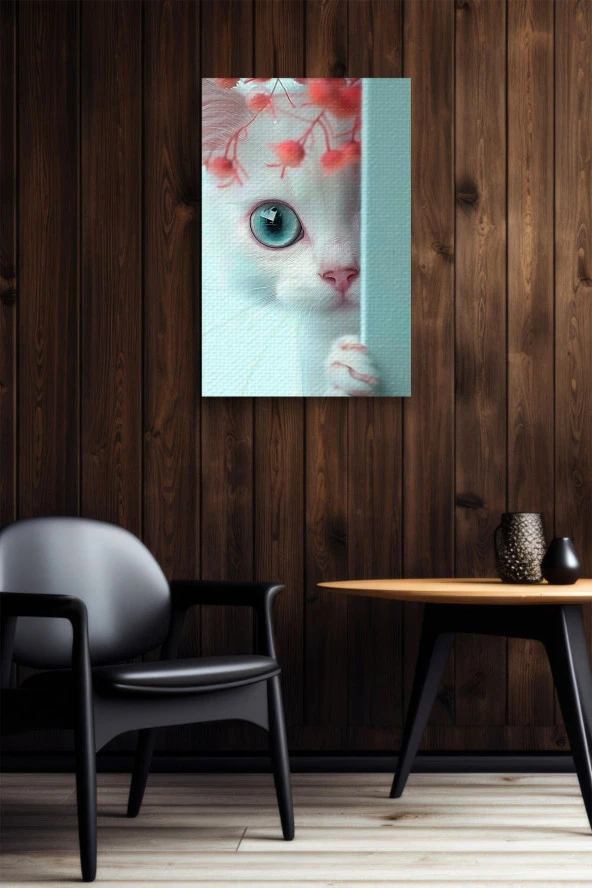 Duvar Arkasında Beyaz Kedi Yağlı Kanvas Tablo - Resim 6