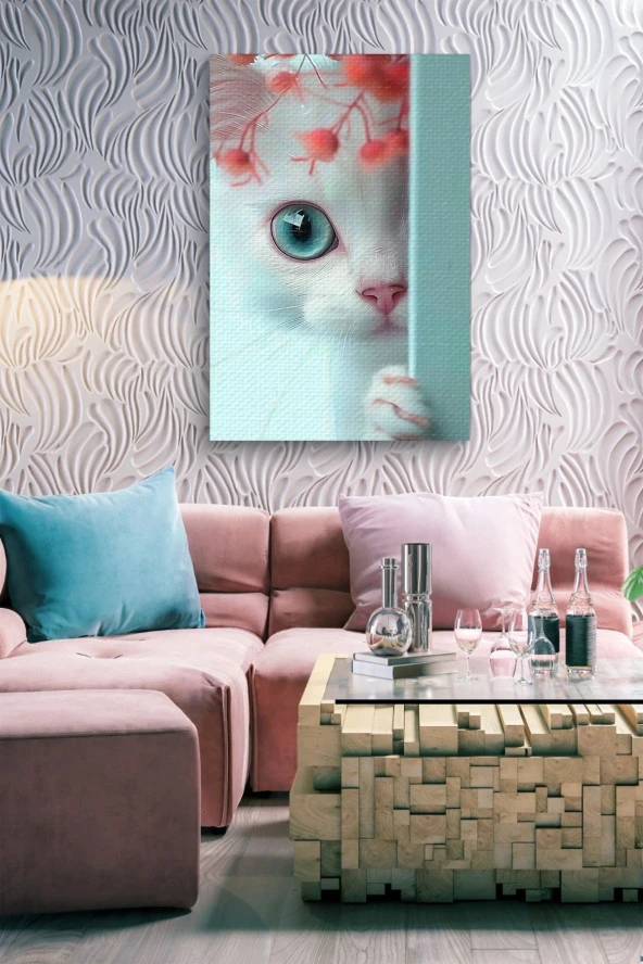 Duvar Arkasında Beyaz Kedi Yağlı Kanvas Tablo - Resim 7