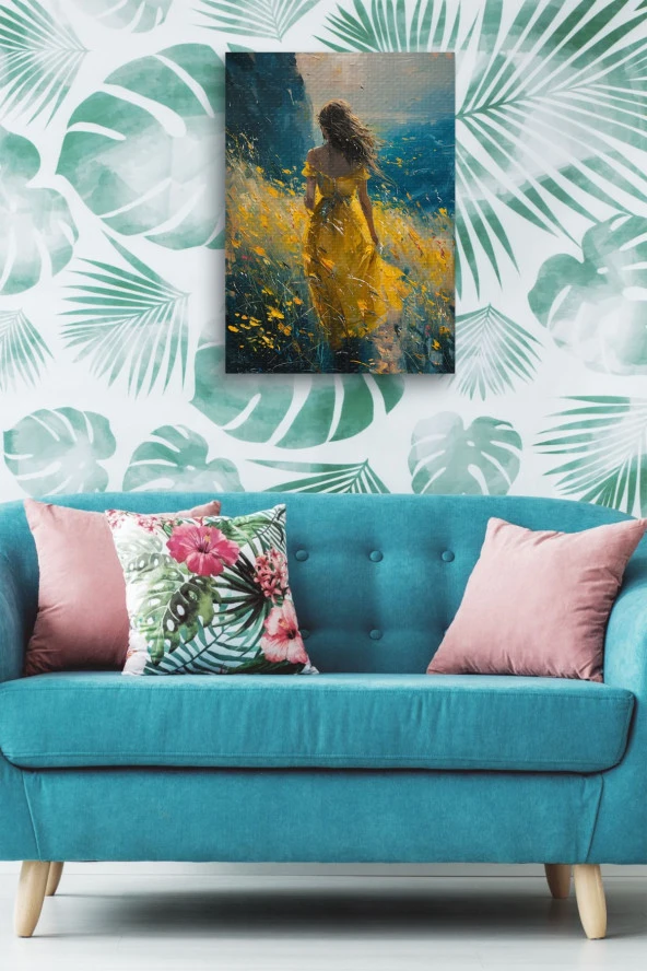 Sarılar İçerisindeki Yalnız Kadın Yağlı Kanvas Tablo - Resim 3