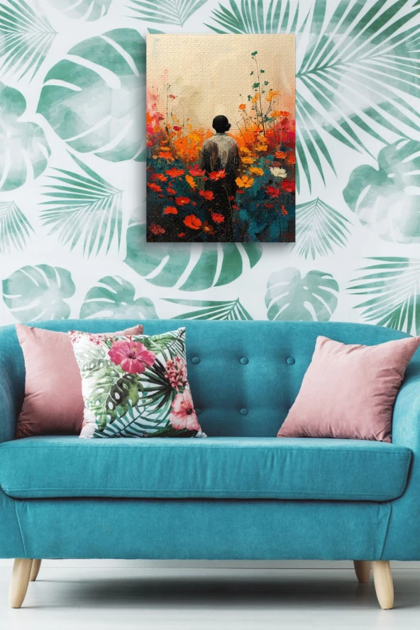 Kırmızı Çiçekler İçerisindeki Genç Yağlı Kanvas Tablo - Resim 4