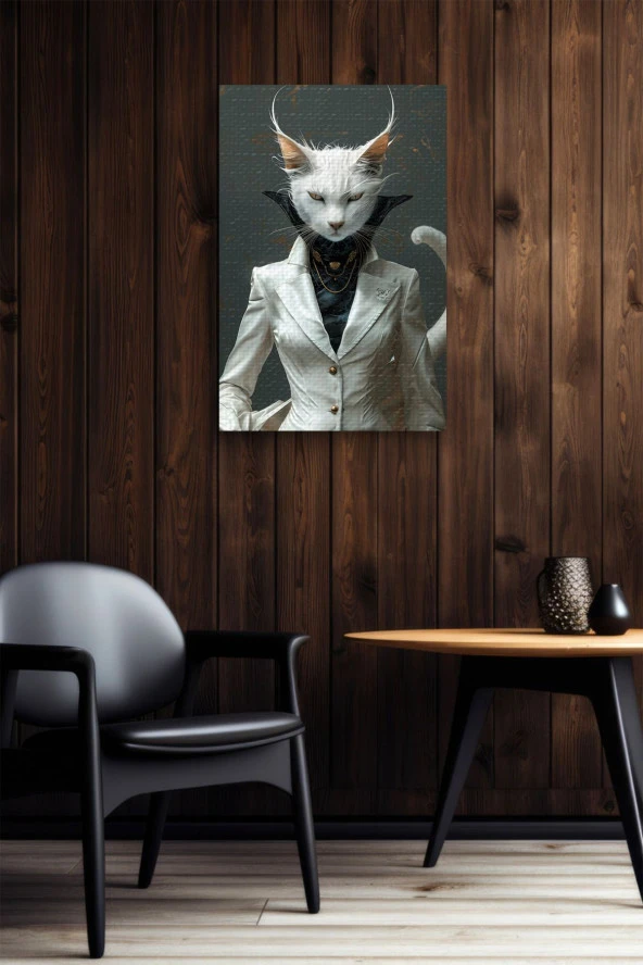 Modern Takım Elbiseli Kedi Portesi Yağlı Kanvas Tablo - Resim 6