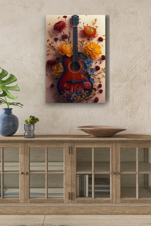Etrafı Çiçek Kaplı Gitar Yağlı Kanvas Tablo ürün görseli