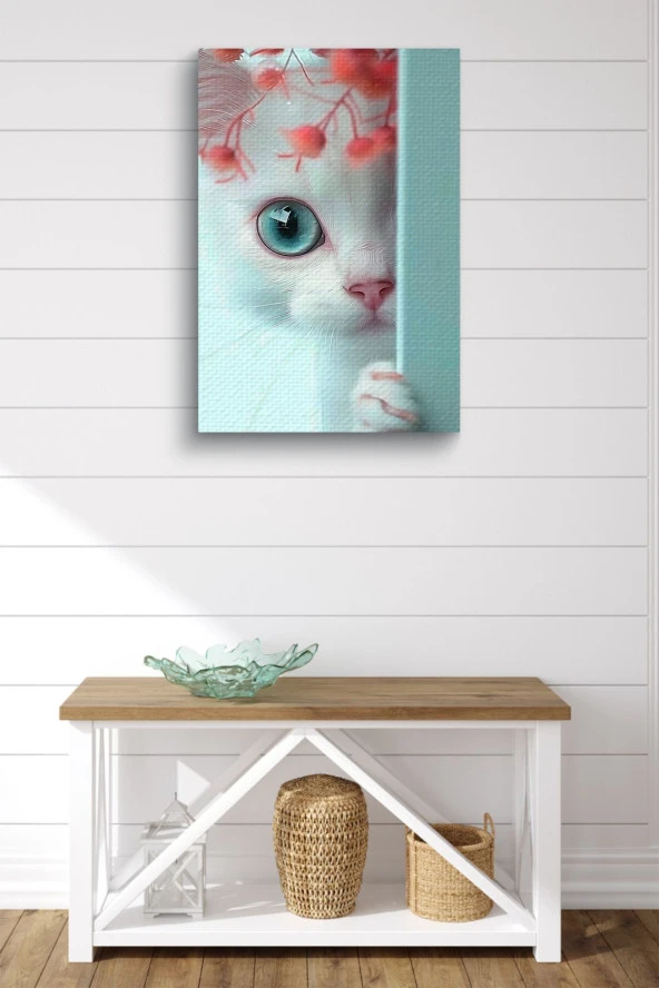 Duvar Arkasında Beyaz Kedi Yağlı Kanvas Tablo - Resim 2