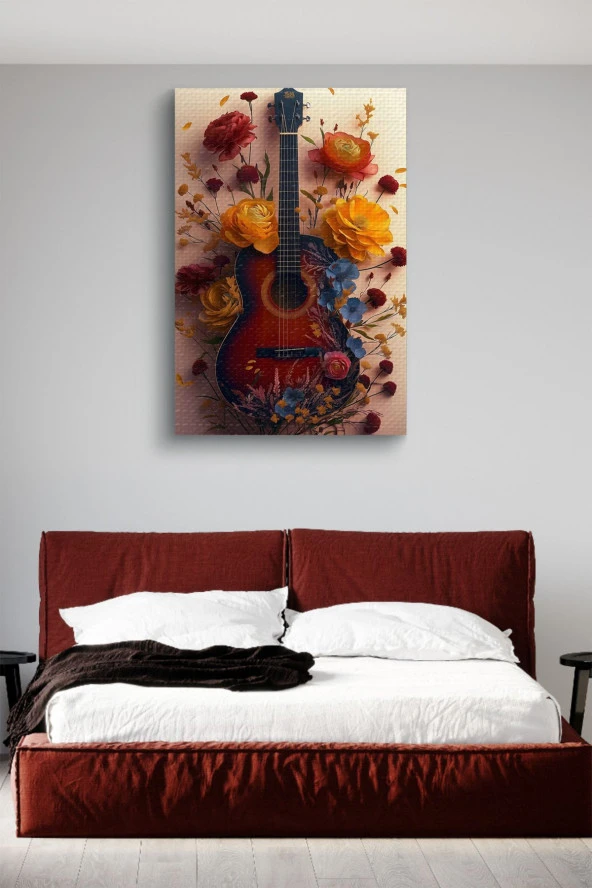 Etrafı Çiçek Kaplı Gitar Yağlı Kanvas Tablo - Resim 3