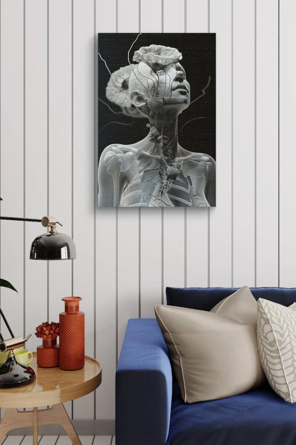 Çiçekler İle Sarılı Sanatsal İskelet Beden Yağlı Kanvas Tablo - Resim 4