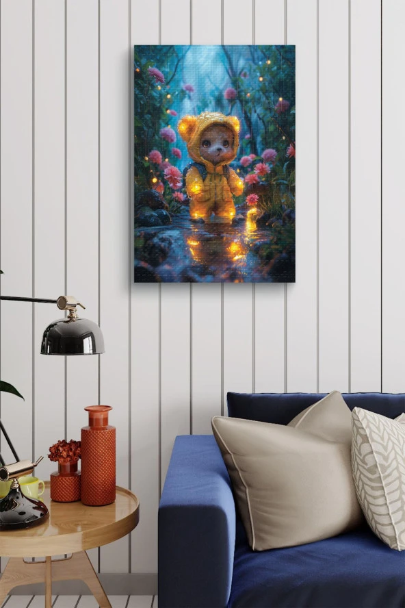 Yağmurluklu Pofuduk Ayıcık Yağlı Kanvas Tablo - Resim 4