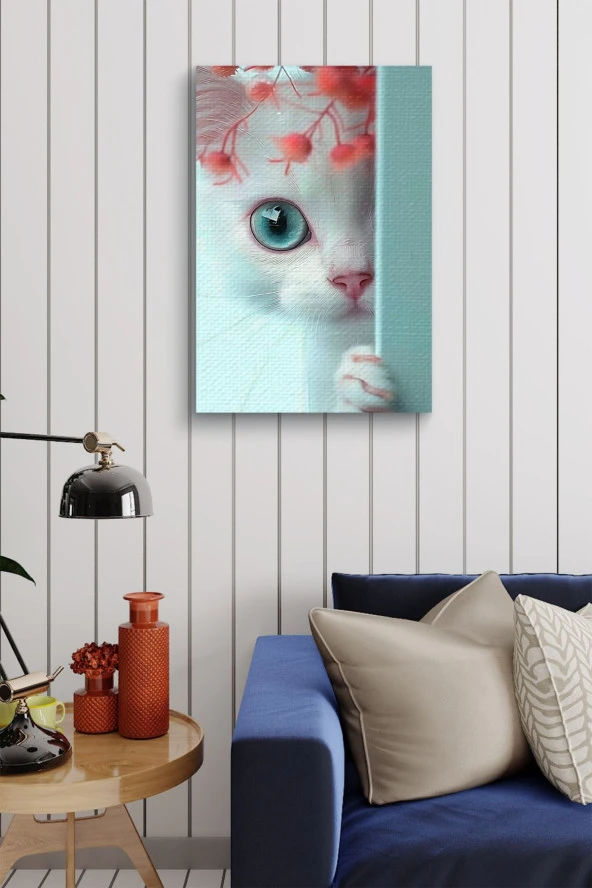 Duvar Arkasında Beyaz Kedi Yağlı Kanvas Tablo - Resim 4