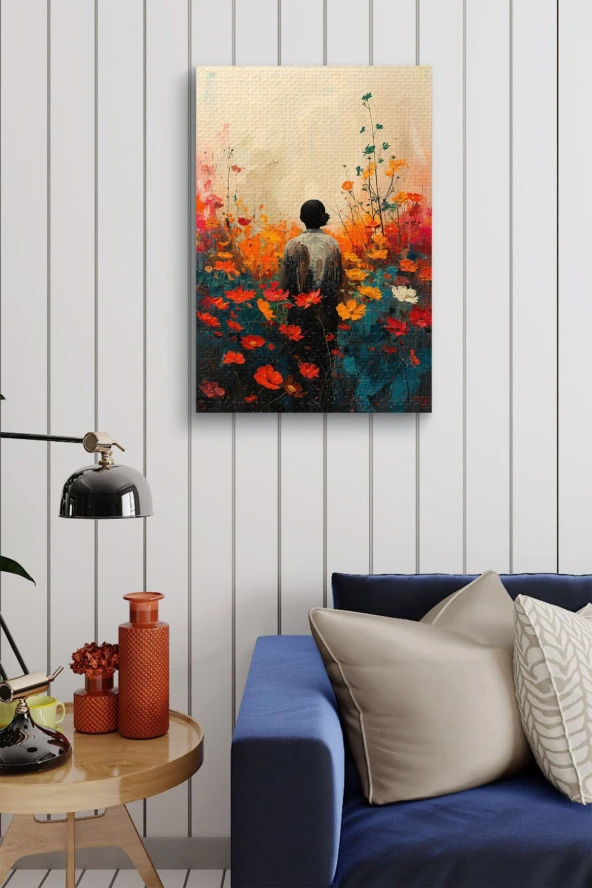 Kırmızı Çiçekler İçerisindeki Genç Yağlı Kanvas Tablo - Resim 3