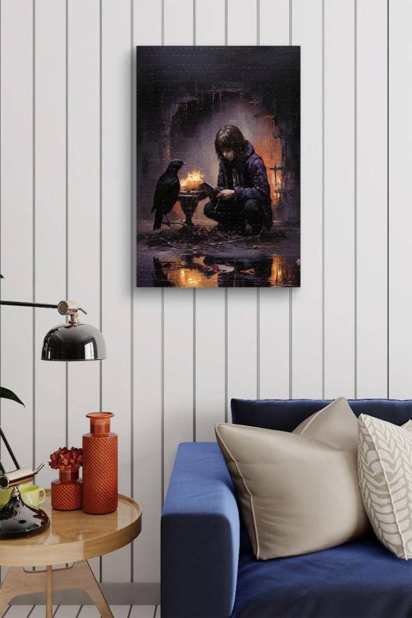 Kuzgun İle Çocuk Yağlı Kanvas Tablo - Resim 3