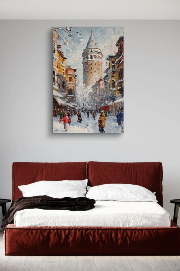 Kış Mevsiminde Galata Kulesi Yağlı Kanvas Tablo - Resim 3