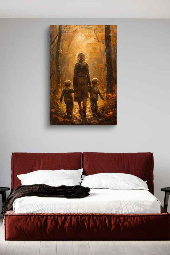 Çocukları İle Yürüyen Kadın Yağlı Kanvas Tablo - Resim 3