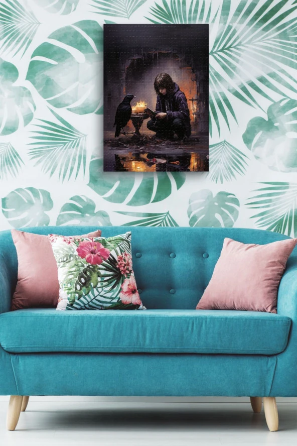 Kuzgun İle Çocuk Yağlı Kanvas Tablo - Resim 4