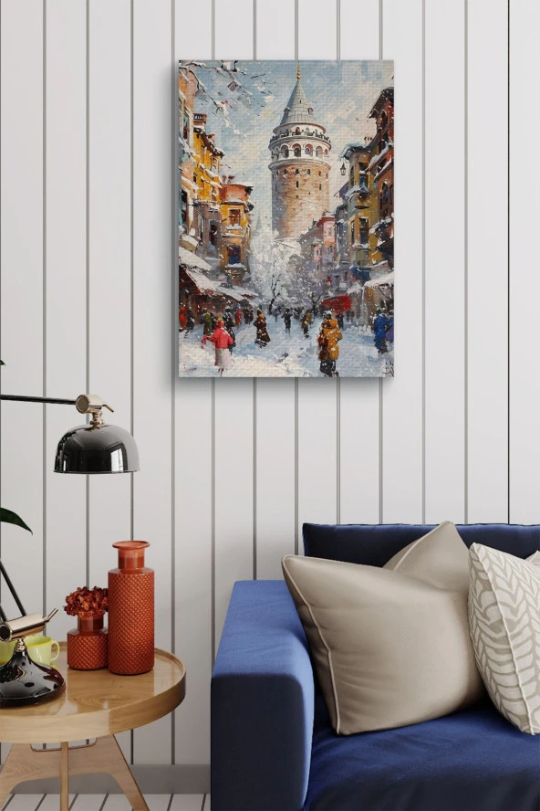 Kış Mevsiminde Galata Kulesi Yağlı Kanvas Tablo - Resim 4